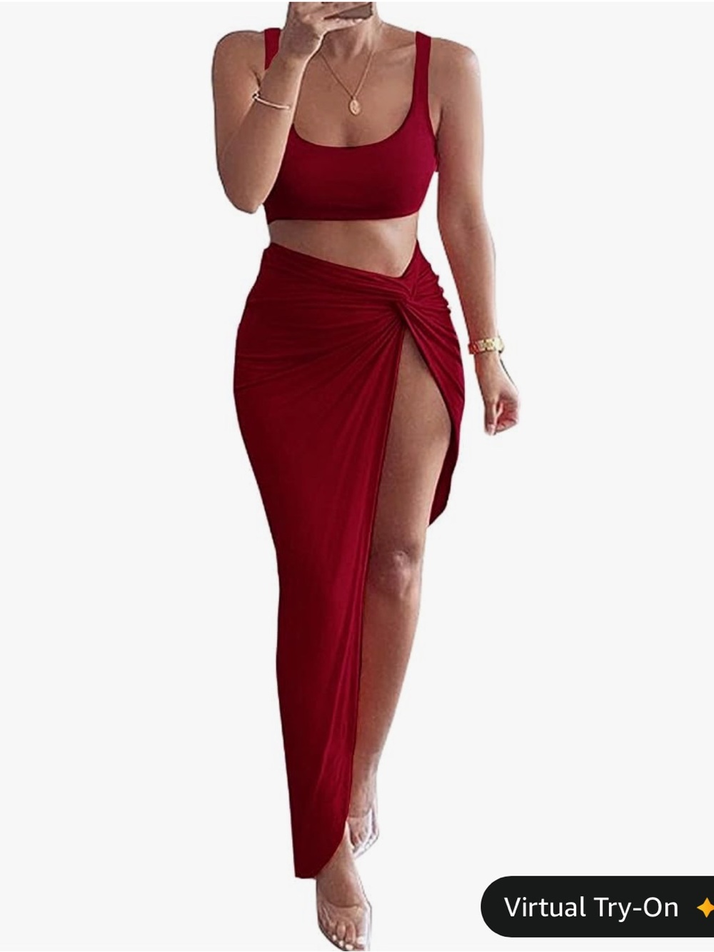 PRIMODA 2 Piece Dress Outfit Sleeveless Tank Crop Bodycon High Slit Skirt Set